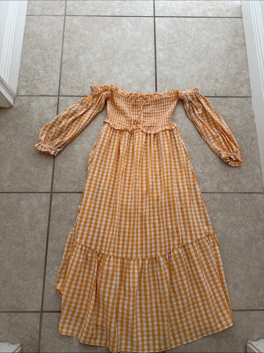 Hello Molly Yellow White Gingham Off-Shoulder Maxi Dress